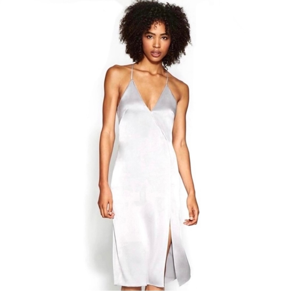 HALSTON HERITAGE SILVER SATIN SLIP DRESS